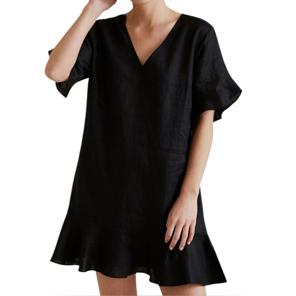 SEED HERITAGE LINEN FLUTTER SLEEVE DRESS in Black Size 10